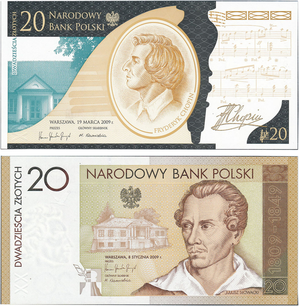 III RP. 20 złotych 2009 Słowacki, 20 złotych Chopin 2009, zestaw 2 sztuk